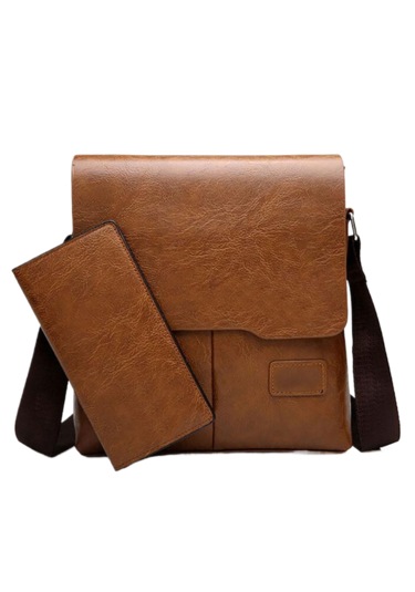 2'li Erkek Omuz Çantası Seti - Kahverengi