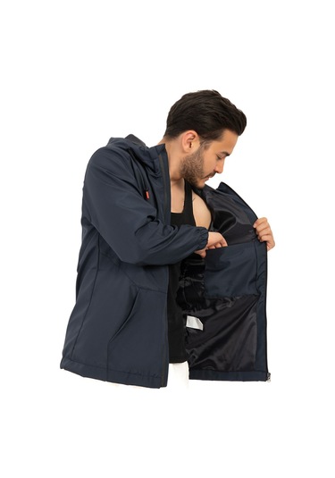Riverstorm Erkek Lacivert İçi Astarlı Kanguru Cepli Su Ve Rüzgar Geçirmez Kapüşonlu Cepli Yağmurluk Lacivert