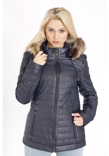 Bayan Kapşonlu Şişme Deri Mont Siyah