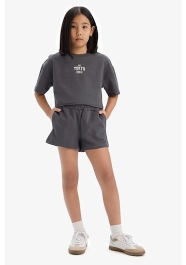 DeFacto Kız Çocuk 2'li Takım Baskılı Kısa Kollu Tişört Şort E0730A825SMAR15 Antrasit