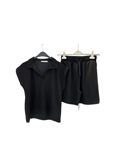 9007 Polo Yaka Tişört Şort Takım Siyah