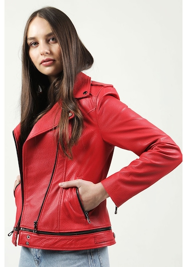 Dericlub Yb-Rm416 Croko Baskılı Gerçek Deri Kadın Mont Kırmızı