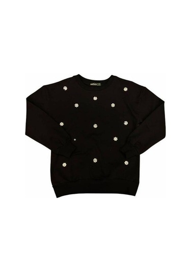 Kız Çocuk Pamuklu İnci İşlemeli İnce Sweatshirt-15007 Siyah