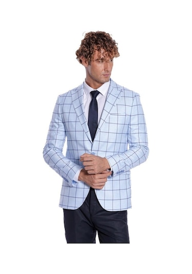 Kare Desenli Slim Fit Açık Mavi Erkek Ceket 001
