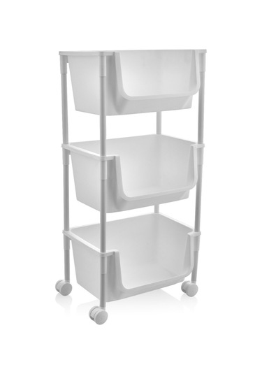 3 Katlı Tekerlekli Plastik Organizer Raf Çok Amaçlı Mutfak, Banyo Ve Ofis Düzenleyici Beyaz Dc-6821 Beyaz