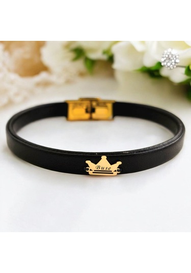 Buse İsmine Özel 14 Ayar Altın Plakalı Hakiki Siyah Derili Taç Motifli Hediye Bileklik-503isim Buse
