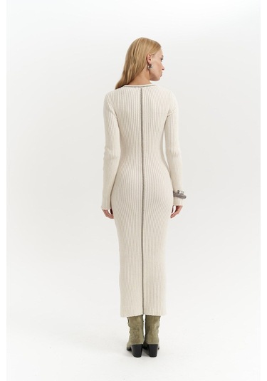 Aston Çizgi Detay Bej Triko Elbise Bej