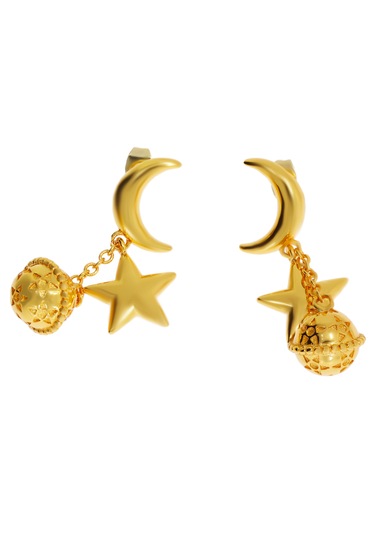Kadın Ay Ve Yıldız Detay Sallantılı Çelik Küpe Gold
