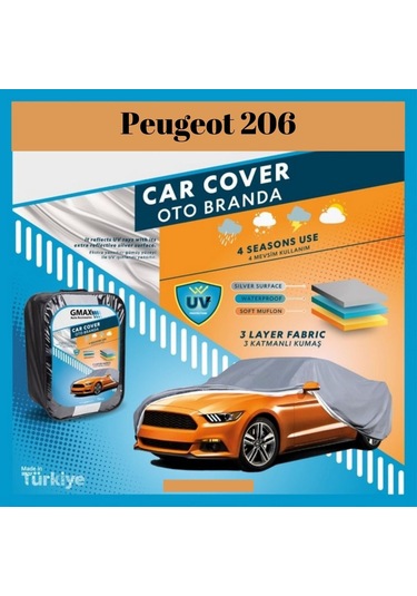 Peugeot 206 Uyumlu Oto Branda Su Geçirmez 3 Katmanlı 4 Mevsimlik Araca Özel Araç Örtüsü Araba Brandası 1 Adet