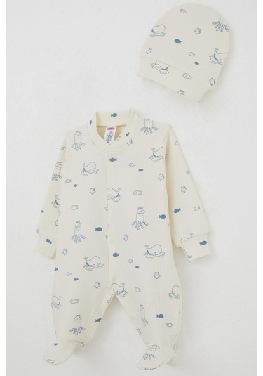 Breeze Erkek Bebek Patikli Tulum Sevimli Deniz Hayvanları Desenli 0-6 Ay, Krem Krem