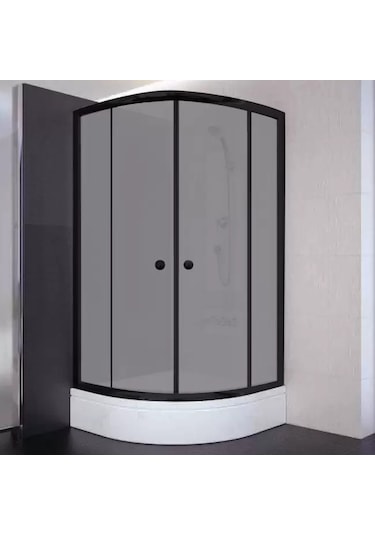90x90x190 Oval Siyah Profil 06 Kumlu Cam Duş Kabini & 90x90x16 Panelli Duş Teknesi Set Krom