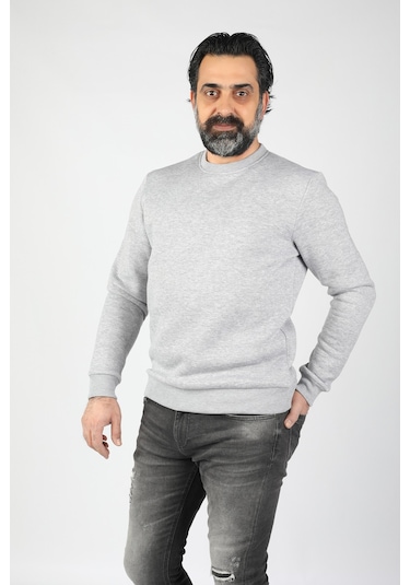 Erkek Sıfır Yaka Ribanalı Sweatshirt Gri