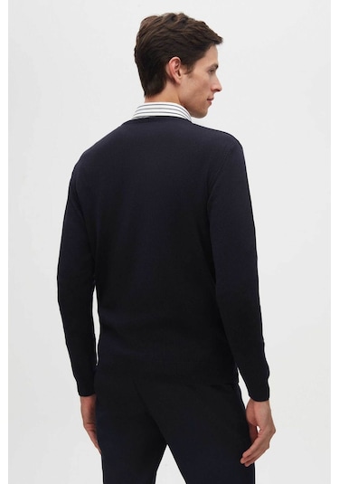 Regular Fit Lacivert Tüylenme Yapmayan Bisiklet Yaka Triko Kazak Lacivert