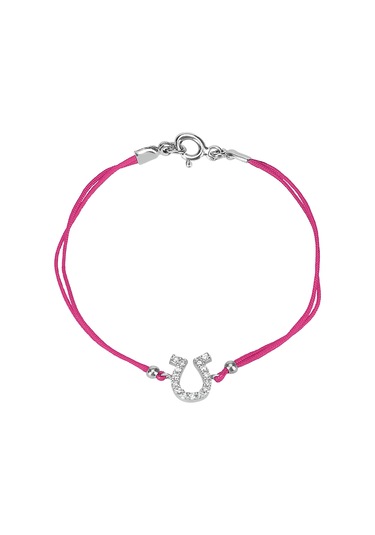 Zirkon Taşlı Pırlanta Montür Gümüş Rengi Kaplama Fuşya İpli At Nalı Bileklik Gümüş - Rose Gold