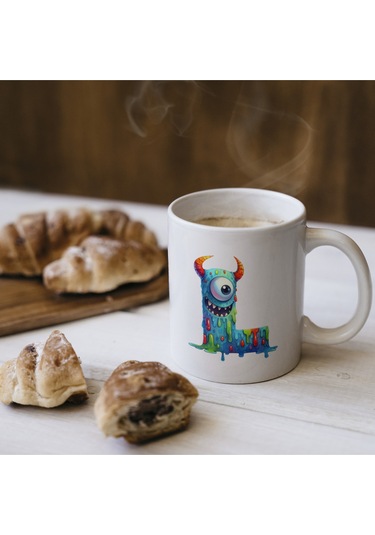 L Harfi Bardak, Sevimli Canavarlar Harflı Bardak Hediyesi Porselen Beyaz