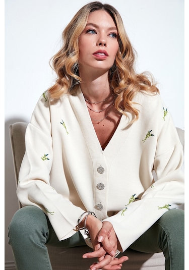 Lela Oversize Fit Desenli V Yaka Triko Bayan Hırka 4616193 Krem