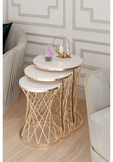 Aurelia Serisi Gold Metal Örgü Desenli 3 Lü Zigon Sehpa Krem Membran Tabla Altın - Krem