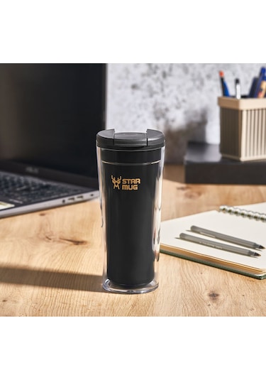 Star Termos Star Mug 350 Ml Opak Seri - Siyah Çift Katmanlı Mug - Piknik Kamp Outdoor Ofis Otel Kafe Okul Kampüs Siyah
