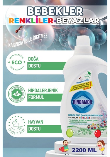 % 100 Doğal Bitkisel Bebek Sıvı Çamaşır Deterjanı - Kokusuz 2200 ML
