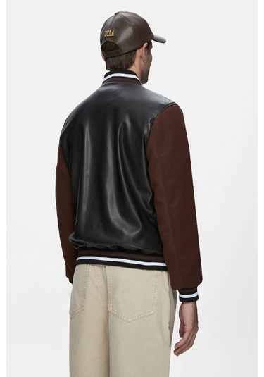 Kawelo Siyah Suni Deri Ve Kaşe Nakışlı Standard Fit Erkek Mont Siyah