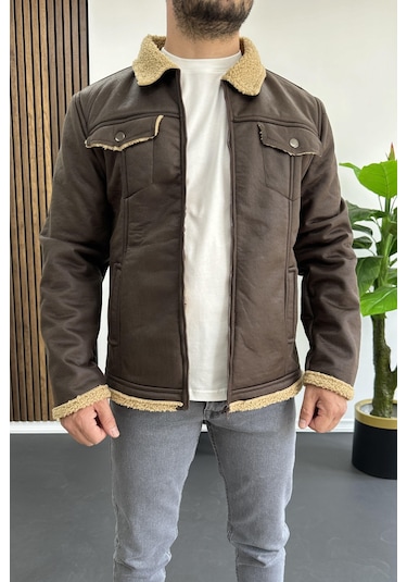 Erkek İçi Kürklü Suni Pul Deri Mont Kahverengi Edw120-kahverengi Kahverengi