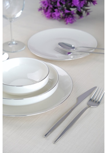 Tabak Evi Sofia Platin Porselen Yemek Takımı 24 Parça 6 Kişilik Beyaz - Gümüş