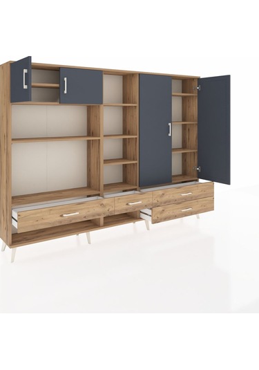 Arges Dolap 12 Raflı 4 Çekmeceli 4 Kapaklı 220x30x163 Çam-antrasi Çam-antrasit/çam