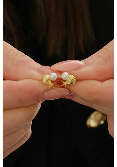 Gümüş Altın Yaldızlı İncili Okyanus Esintisi İstiridye Küpe Barcode Altın