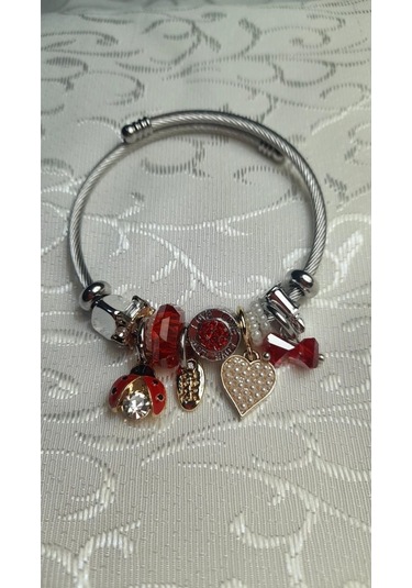 Uzel Çelik Gümüş Silver Model Inci Kalpli, Uğur Böceği Charmlı Çelik Bileklik Kırmızı