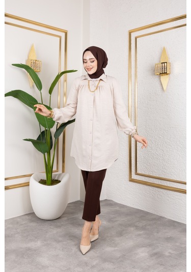 Önü Büzgülü Bilek Lastikli Tunik - Bej / Ü104 Bej