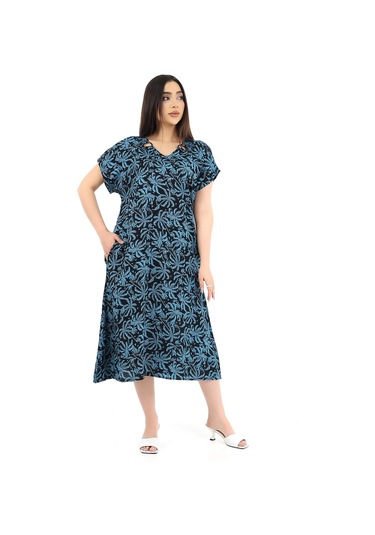 Schık Kadın Viskon Yarım Kol V Yaka Halkalı Cepli Elbise Petrol Mavisi Petrol Mavi