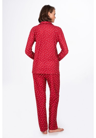 Kadın Süet Önden Düğmeli Pijama Takımı Kalpli Kırmızı Kırmızı - Beyaz
