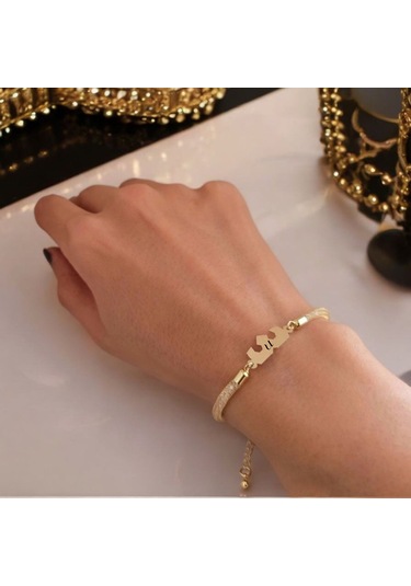 Archin U Harfine Özel Hasır Kordonlu Taç Motifli 14 Ayar Altın Plakalı Hediye Bileklik-461harf U