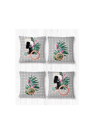 Geometrik Tropik Kadın 05- Kırlent Kılıf Seti 4'lü