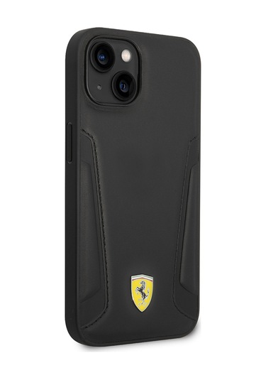 İphone Uyumlu 14 Plus Kılıf Ferrari Lisanslı Magsafe Uyumlu Deri Kenarları Damgalı Dizayn Kapak Siyah