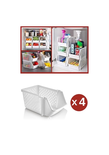Flosoft 4 Katlı Ayrılabilir Mutfak Banyo Raf Buzdolabı Düzenleyici Organizer 4 Adet Beyaz
