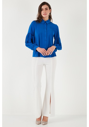 Lela Regular Fit Dikiş Detaylı Düz Yaka Balon Kol Bayan Gömlek 611Go00003 Saks