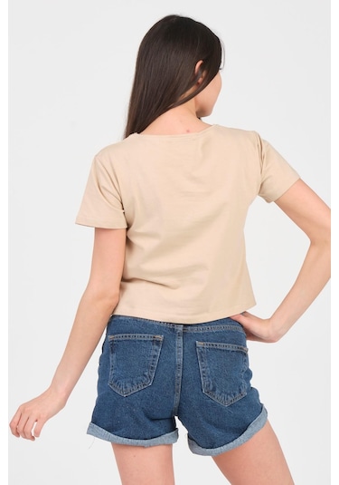 As Collection Bej Bisiklet Yaka Kısa Kol Örme Kadın Crop Bej