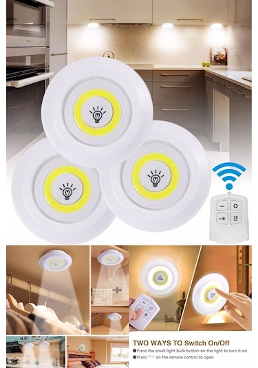 Uzaktan Kumandalı Pilli Led Spot Lamba Ampul 3'lü Set Yapışkanlı Beyaz