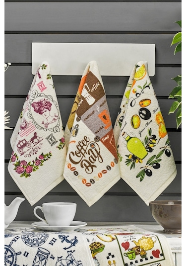 Casnack Nora 5 Adet Baskılı Mutfak Havlusu Seti 30x50 - Zeytin