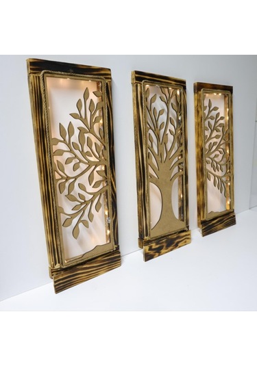 Işıklı Ahşap Çerçeveli 3 Lü Ağaç Motifli Duvar Dekor Seti