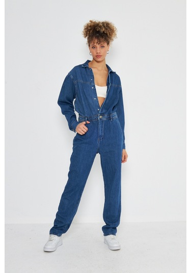 Denim Rahat Kalıp Cıt Cıt Kapamalı Tulum Koyu Mavi