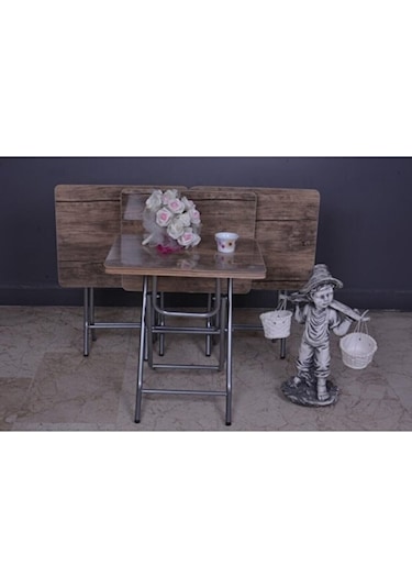 Harmony Katlanabilir Barok Ceviz Zigon 4'lü Sehpa Takım Paslanmaz Gri Metal Ayaklı Ceviz