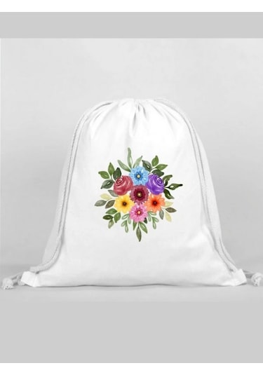 Çiçek Baskılı Sırt Çantası - İp Büzgülü Spor Çanta Renkli