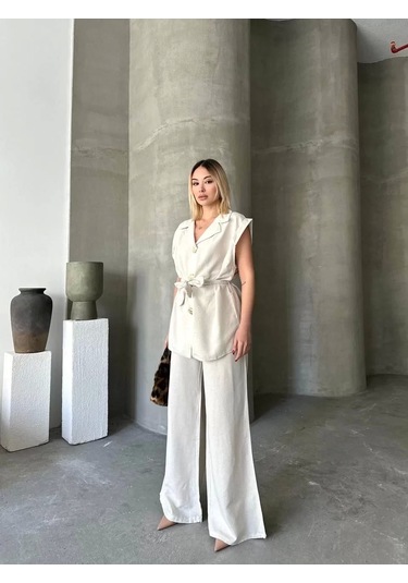 Keten Sıfır Kol Kuşaklı Ceket Pantolon İkili Takım - Beyaz Beyaz