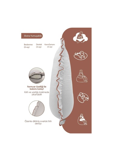 Mordesign Fırfırlı Emzirme Yastığı, Bebek Destek Minderi, Hamile Yastığı, Pamuk Kumaş, Ruffle Seri, Gri Zg10198