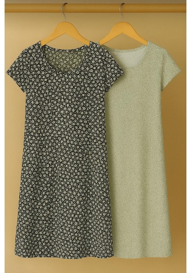 2 Adet Dökümlü Rahat Kalıp Günlük Penye Kumaş Elbise Mint-gri