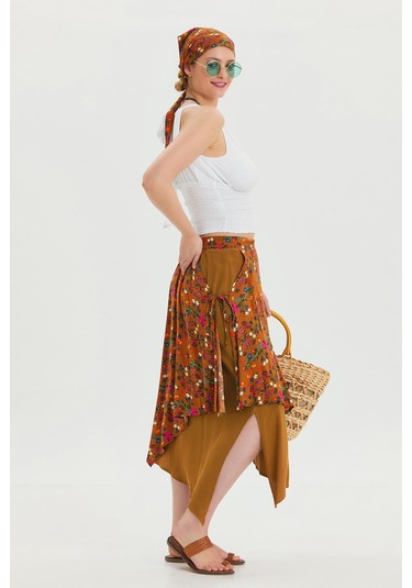 Bağlama Detaylı Beli Lastikli Salaş Etek Hardal