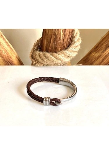 %100 Deri&krom Kombin Kahve Erkek Bileklik Net 22cm Türk Üretim Kahverengi