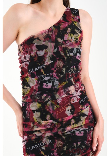 Tek Omuz Tül Elbise Pembe